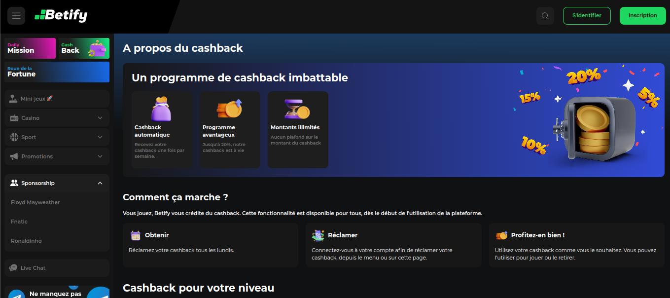 Bonus cashback casino Betify : page du programme de cashback hebdomadaire à réclamer le lundi