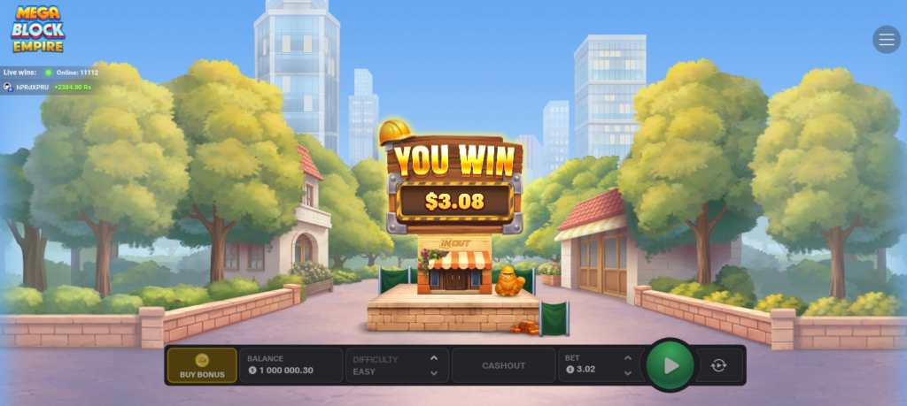 MegaBlock Empire gain en argent réel, écran You Win du jeu casino officiel