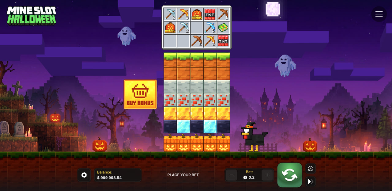 Écran de Mine Slot Halloween avec colonnes de blocs, panneau d'outils et bouton Buy Bonus
