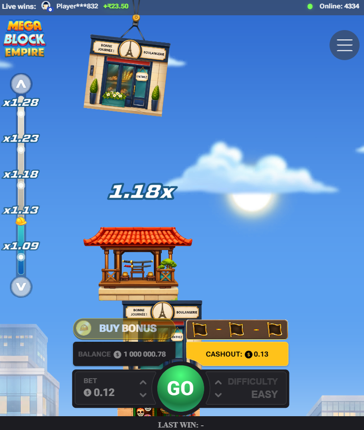 MegaBlock Empire démo gratuite sur mobile, app du jeu casino avec boulangerie parisienne et pagode