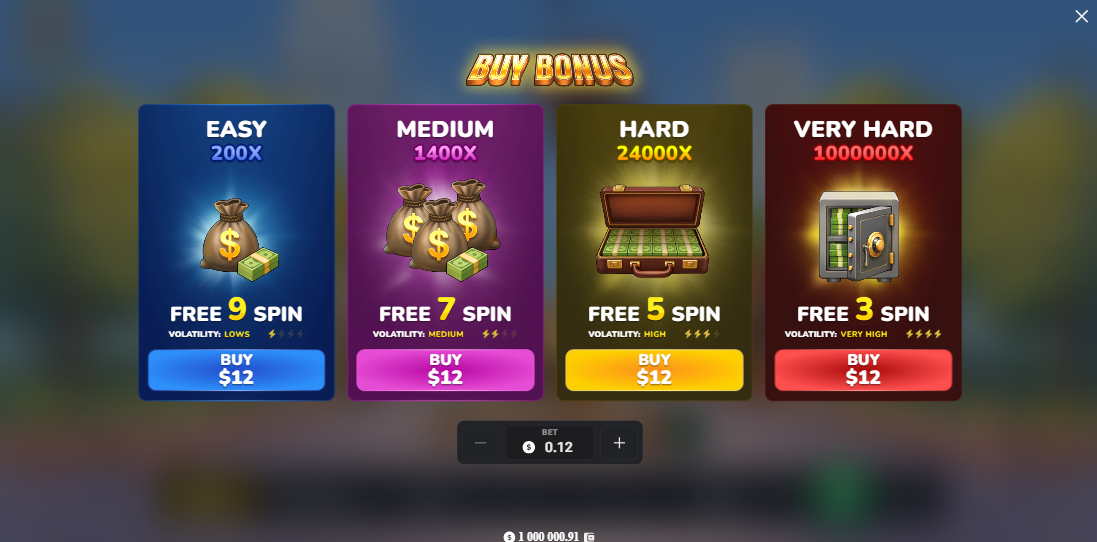 MegaBlock Empire bonus, écran Buy Bonus avec Free Spins et gain jusqu’à x1000000