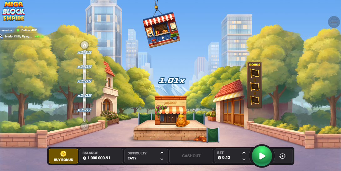 MegaBlock Empire avis jeu casino InOut, grue, jauge Bonus et bouton Buy Bonus