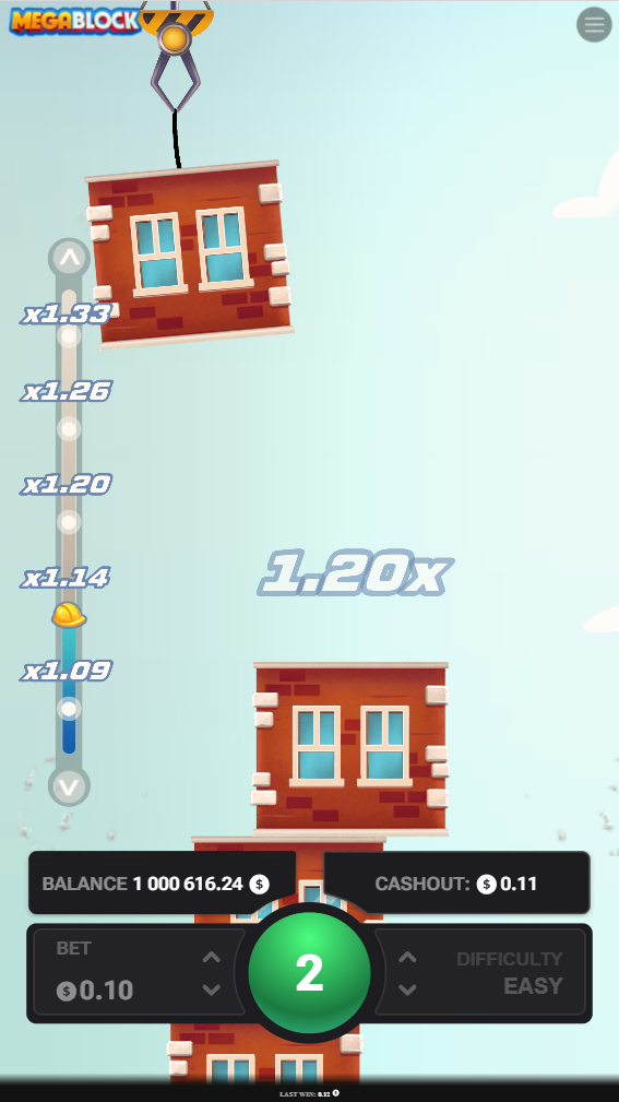 MegaBlock app mobile, démo gratuite du jeu casino avec multiplicateur en cours de partie