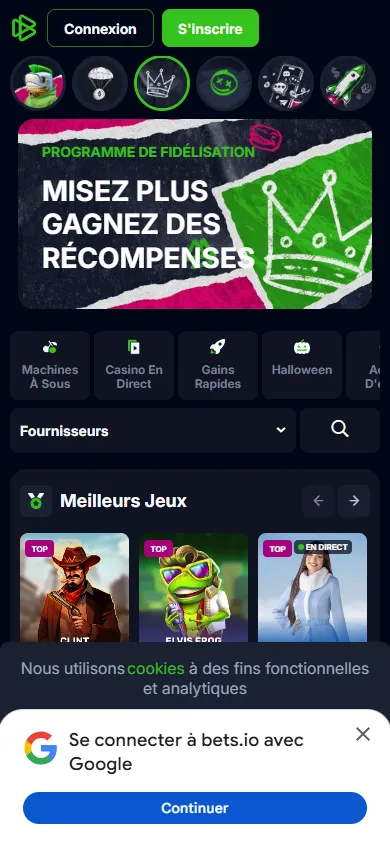 Bets.io : page d'accueil du casino en ligne sur mobile (capture du 25 octobre 2026)