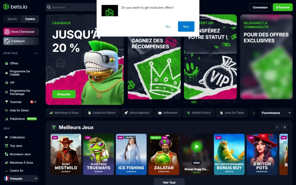 Bets.io : page d'accueil du casino en ligne sur ordinateur (capture du 25 octobre 2026)