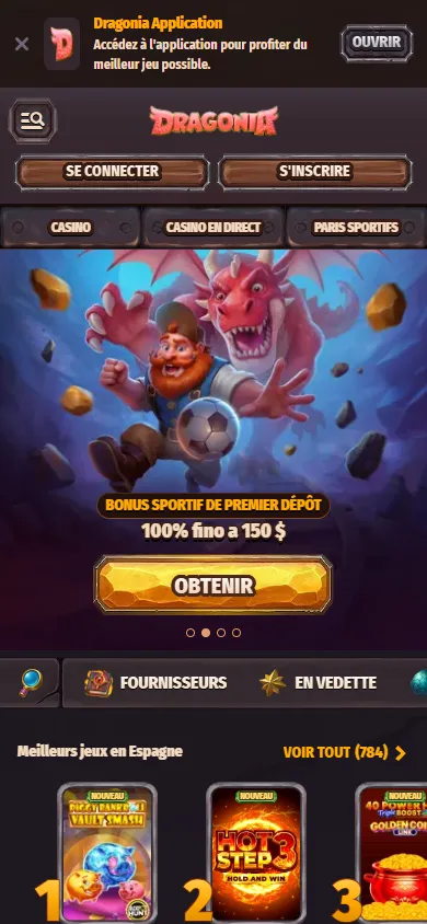 Dragonia : page d'accueil du casino en ligne sur mobile (capture du 25 octobre 2026)