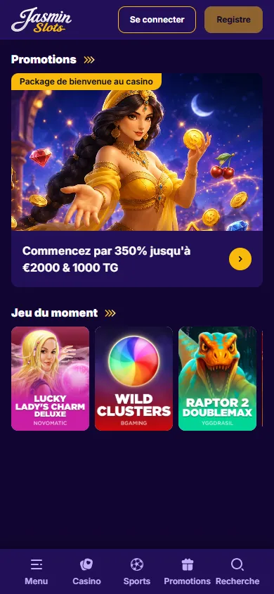 JasminSlots : page d'accueil du casino en ligne sur mobile (capture du 25 octobre 2026)