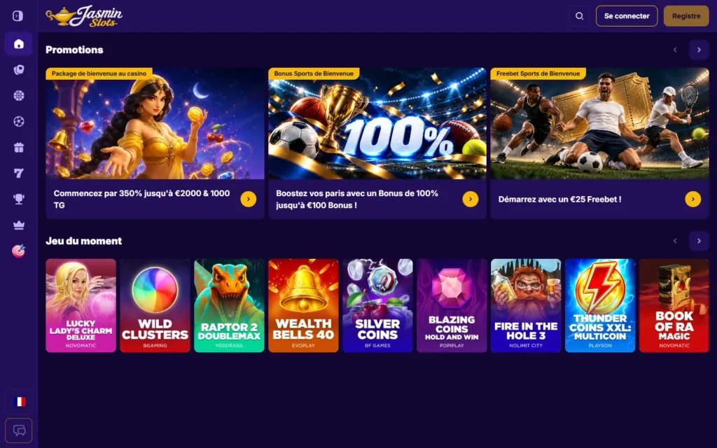 JasminSlots : page d'accueil du casino en ligne sur ordinateur (capture du 25 octobre 2026)