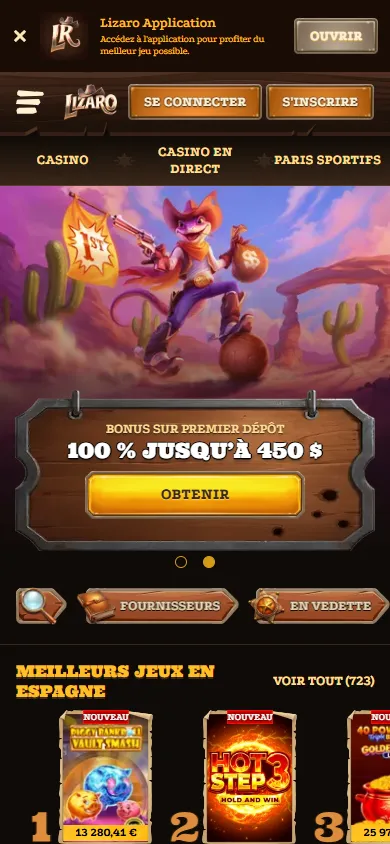 Lizaro : page d'accueil du casino en ligne sur mobile (capture du 25 octobre 2026)