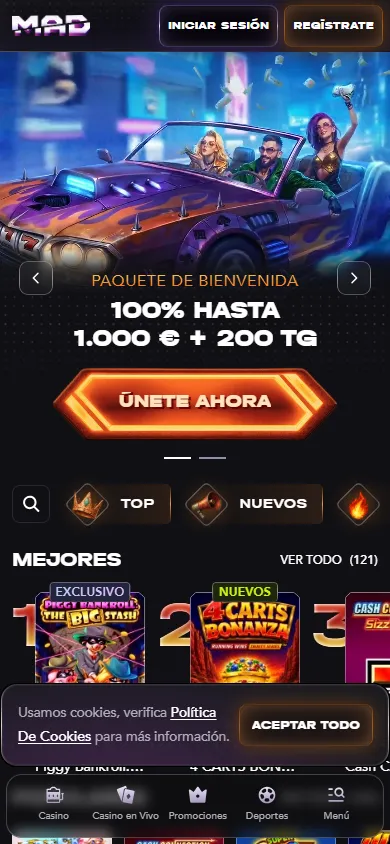 Madcasino : page d'accueil du casino en ligne sur mobile (capture du 25 octobre 2026)