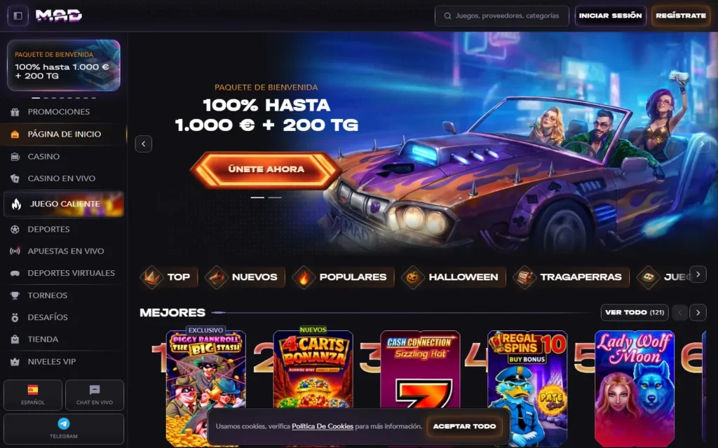 Madcasino : page d'accueil du casino en ligne sur ordinateur (capture du 25 octobre 2026)
