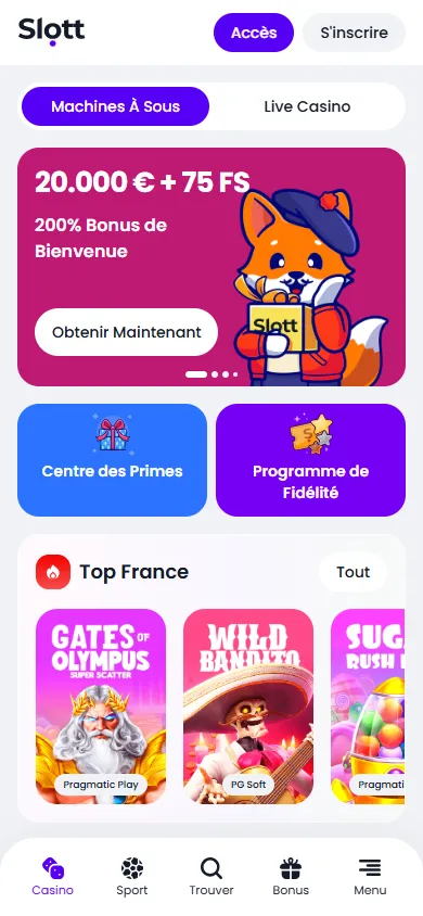 Slott Casino : page d'accueil du casino en ligne sur mobile (capture du 25 octobre 2026)