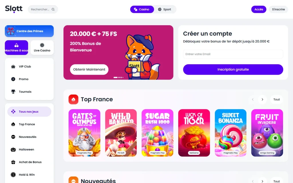 Slott Casino : page d'accueil du casino en ligne sur ordinateur (capture du 25 octobre 2026)