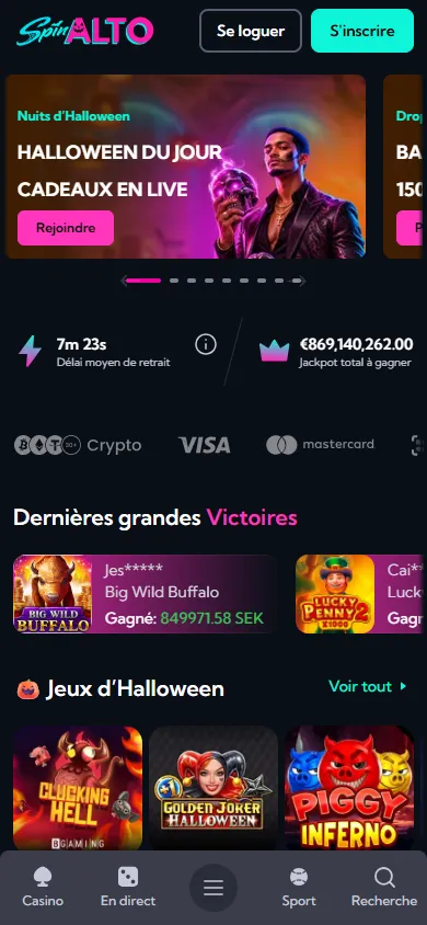 Spinalto : page d'accueil du casino en ligne sur mobile (capture du 25 octobre 2026)