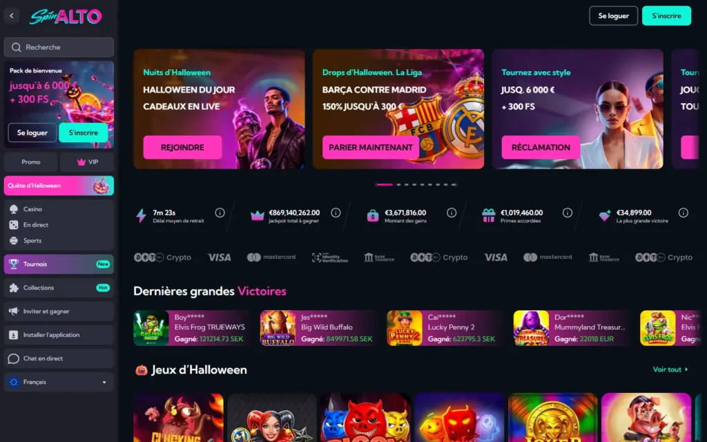 Spinalto : page d'accueil du casino en ligne sur ordinateur (capture du 25 octobre 2026)
