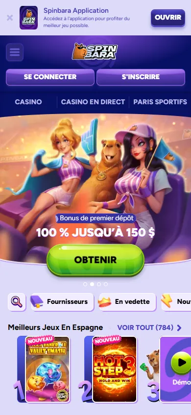 Spinbara : page d'accueil du casino en ligne sur mobile (capture du 25 octobre 2026)