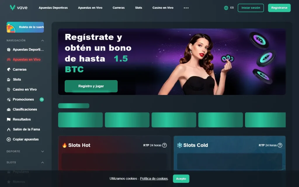 Vave : page d'accueil du casino en ligne sur ordinateur (capture du 25 octobre 2026)