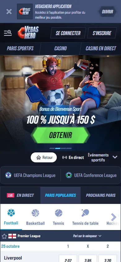 VegasHero : page d'accueil du casino en ligne sur mobile (capture du 25 octobre 2026)