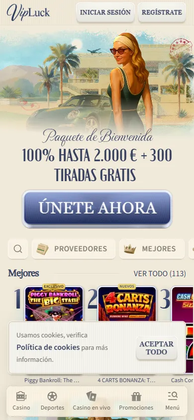 VipLuck : page d'accueil du casino en ligne sur mobile (capture du 25 octobre 2026)