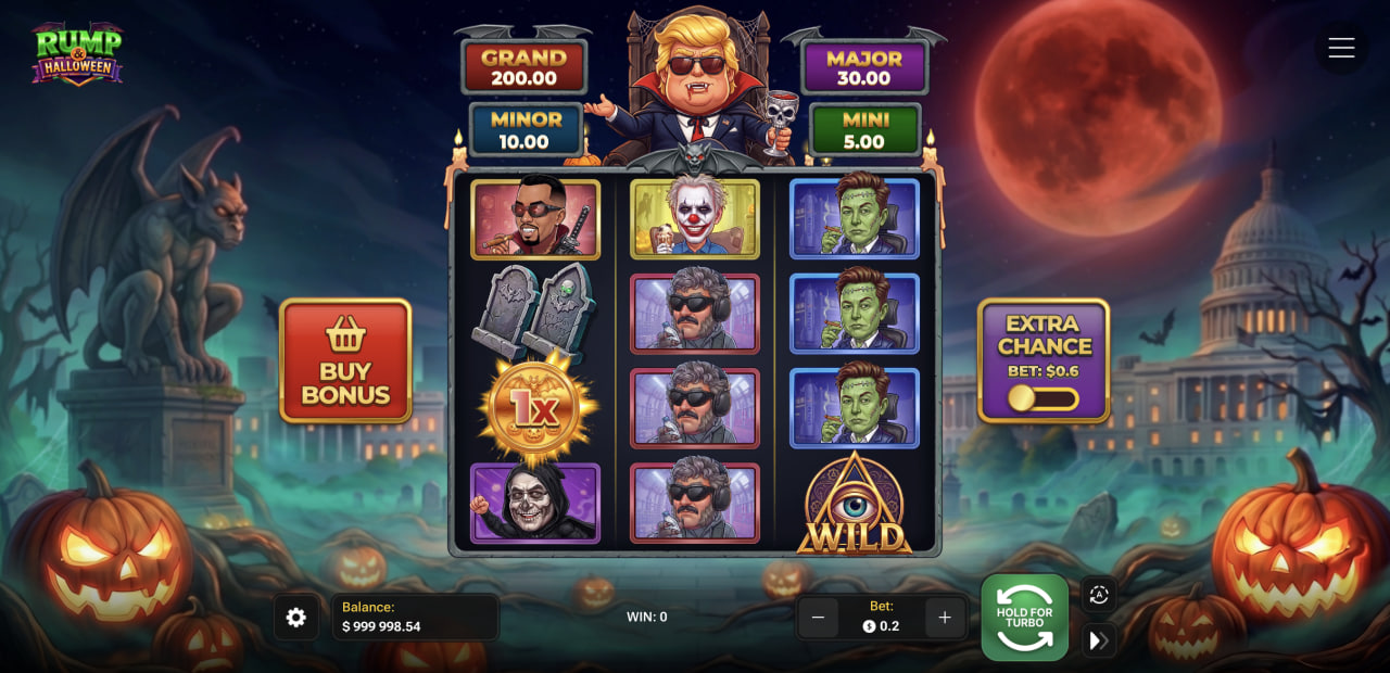 Écran de Rump & Halloween avec grille, quatre jackpots, Buy Bonus et Extra Chance