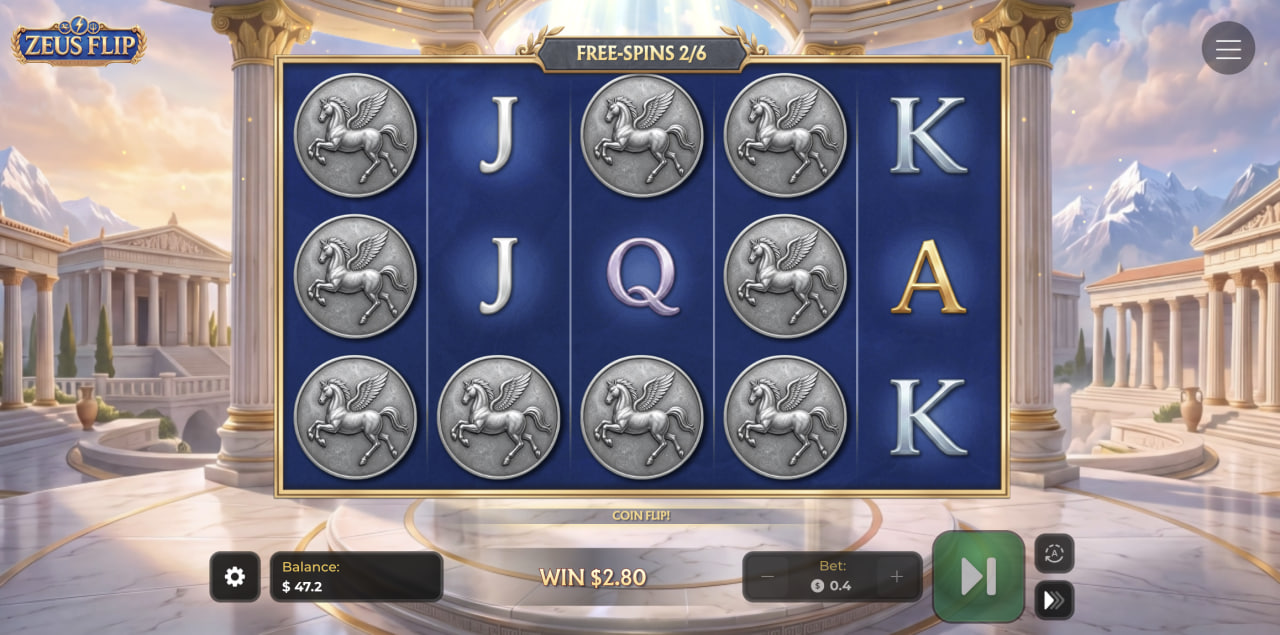 Rouleaux de Zeus Flip pendant les Free Spins avec des pièces Pégase en Coin Flip