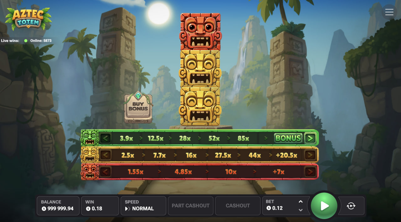 Écran d'Aztec Totem sur ordinateur avec le totem et les trois lignes de multiplicateurs