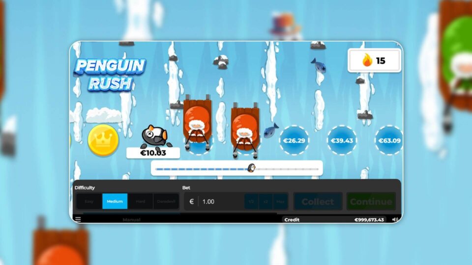 Penguin Rush jeu d'argent : bonus et code promo à l'inscription, partie en cours et multiplicateur